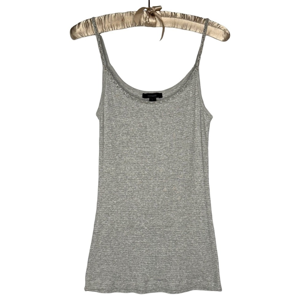 Vintage Y2K Express Ribbed Cami Tank Large Micro Beaded Trim Gray Pima Cotton
